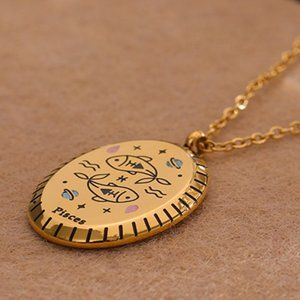 PISCES--NEW 18K Gold Plated PISCES Sign Zodiac Oval Pendant Necklace